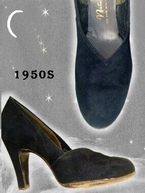 Vintage Baby Doll Pumps Cuban Heels Black Shoes, Sweetheart Vamp, Suede